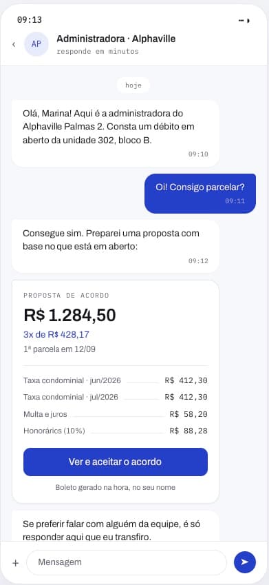 Conversa de cobrança no WhatsApp com proposta de acordo parcelado